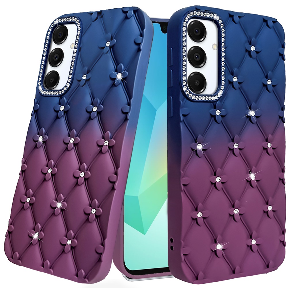 for samsung a16 5g floral joy glitter shimmer leather feel thick tpu case dark blue/burgundy