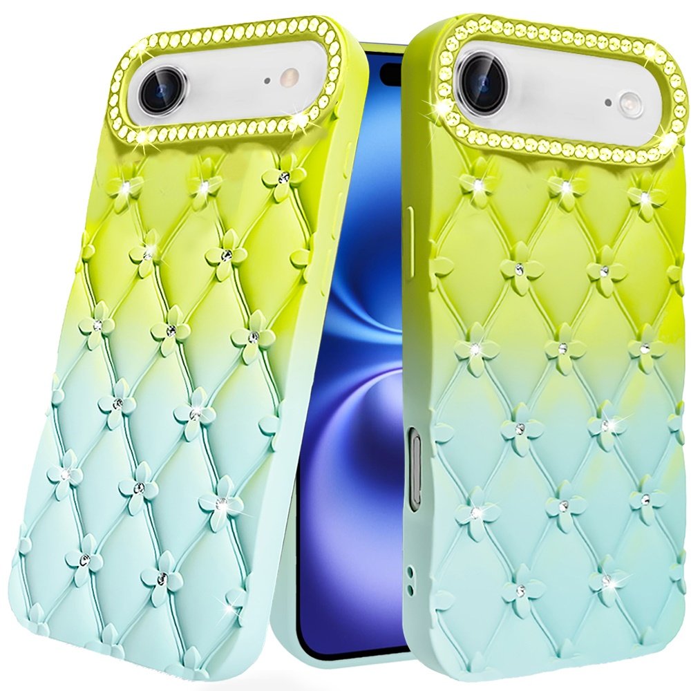 for iphone 17 air floral joy glitter shimmer leather feel thick tpu case light green/teal