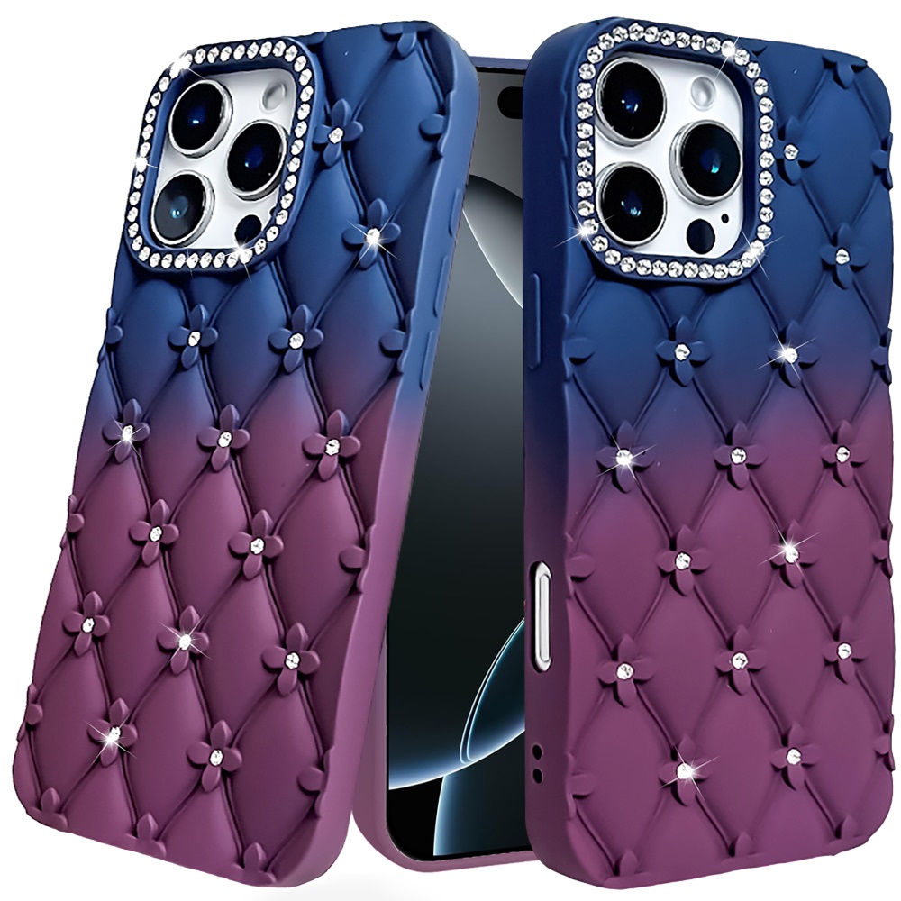 for iphone 16 pro max 6.9 floral joy glitter shimmer leather feel thick tpu case dark blue/burgundy