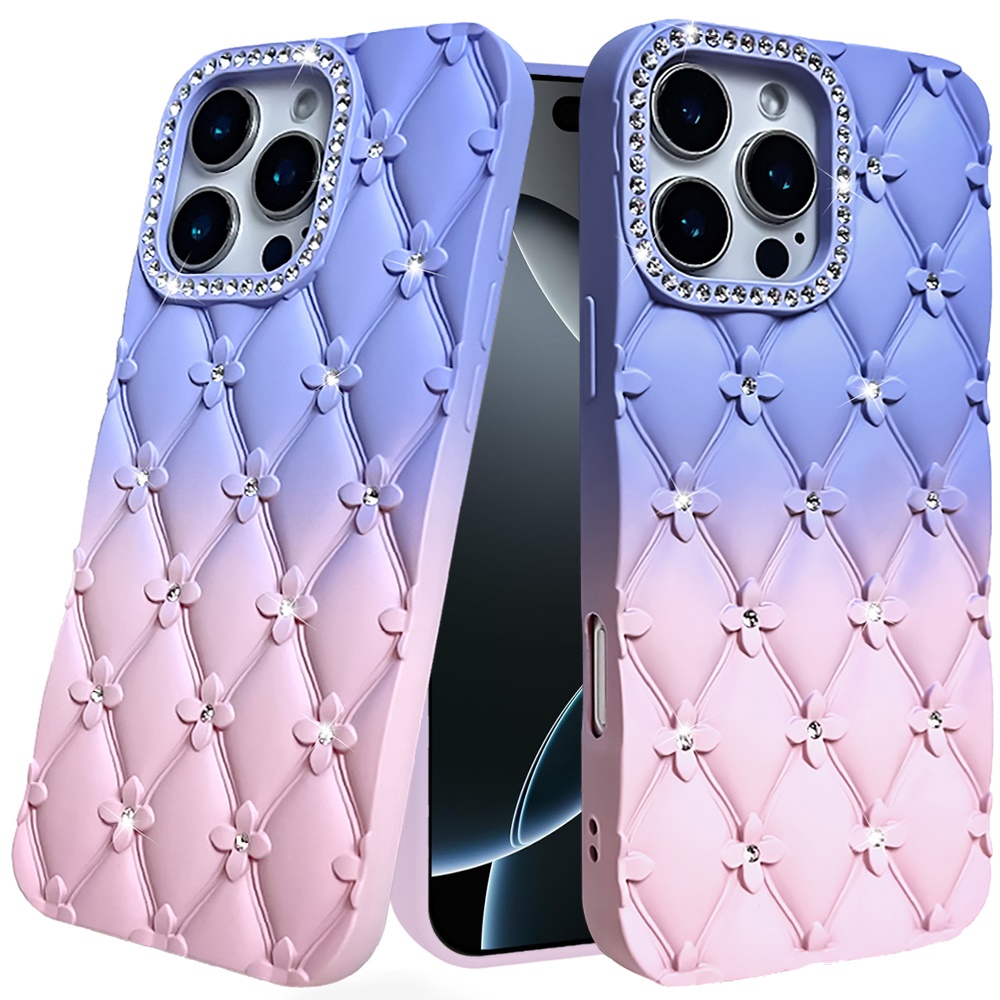for iphone 16 pro max 6.9 floral joy glitter shimmer leather feel thick tpu case light blue/light pink