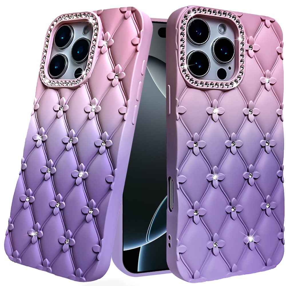 for iphone 16 pro max 6.9 floral joy glitter shimmer leather feel thick tpu case light pink/light purple
