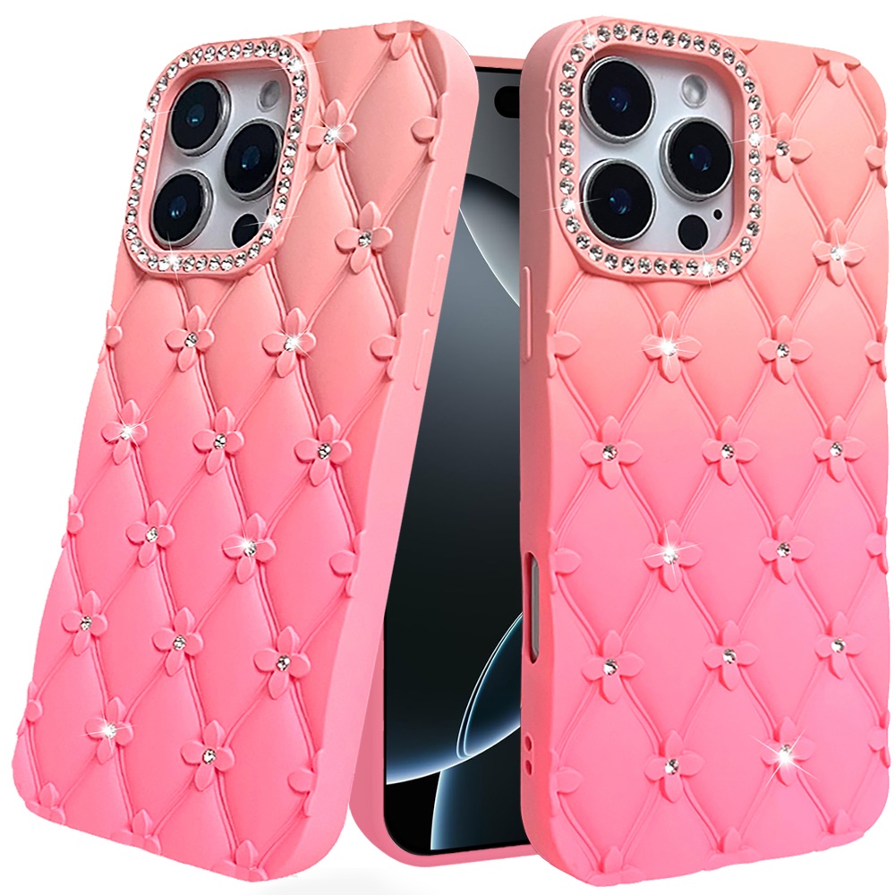 for iphone 16 pro max 6.9 floral joy glitter shimmer leather feel thick tpu case orange/pink