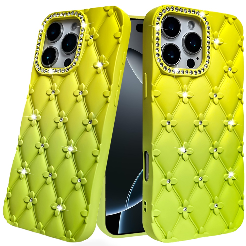 for iphone 16 pro max 6.9 floral joy glitter shimmer leather feel thick tpu case yellow/green