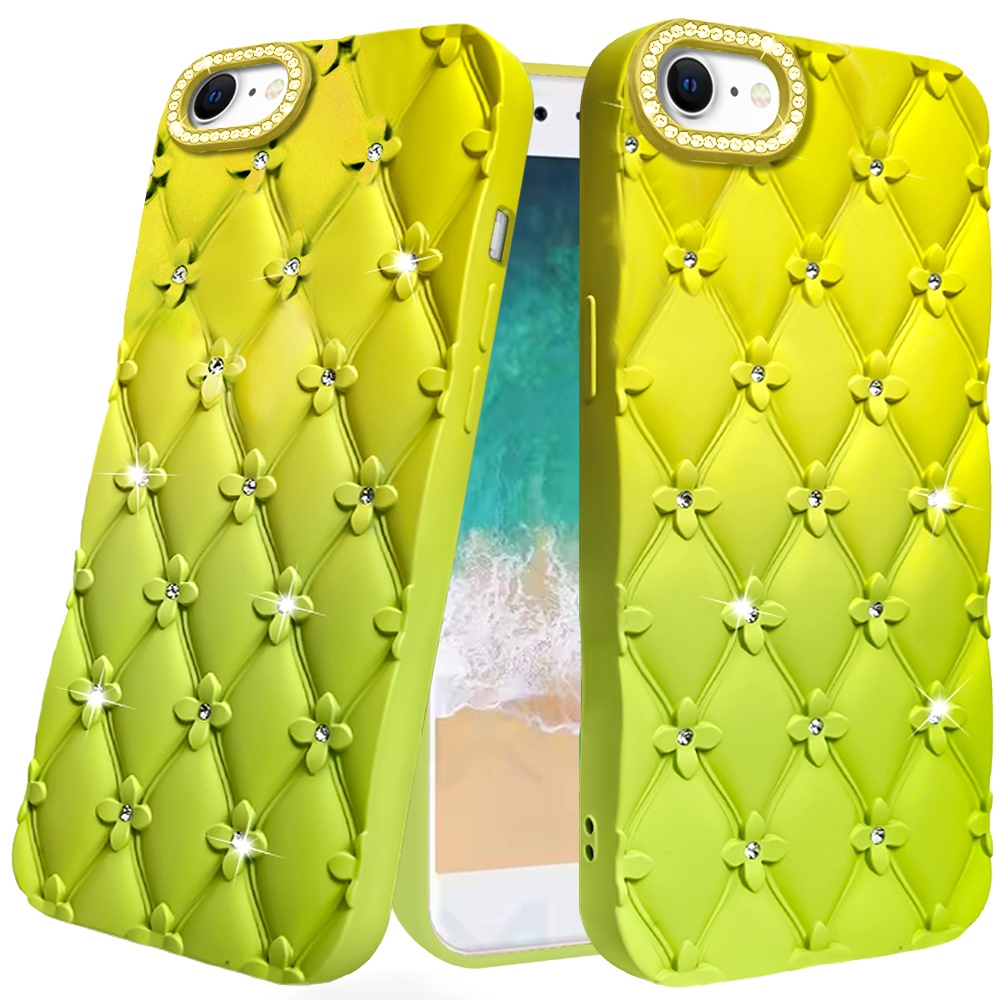 for iphone 17e / 16e / se4 floral joy glitter shimmer leather feel thick tpu case yellow/green