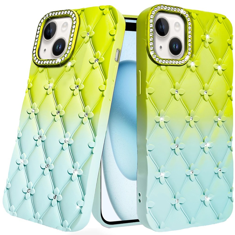 for iphone 15 floral joy glitter shimmer leather feel thick tpu case light green/teal