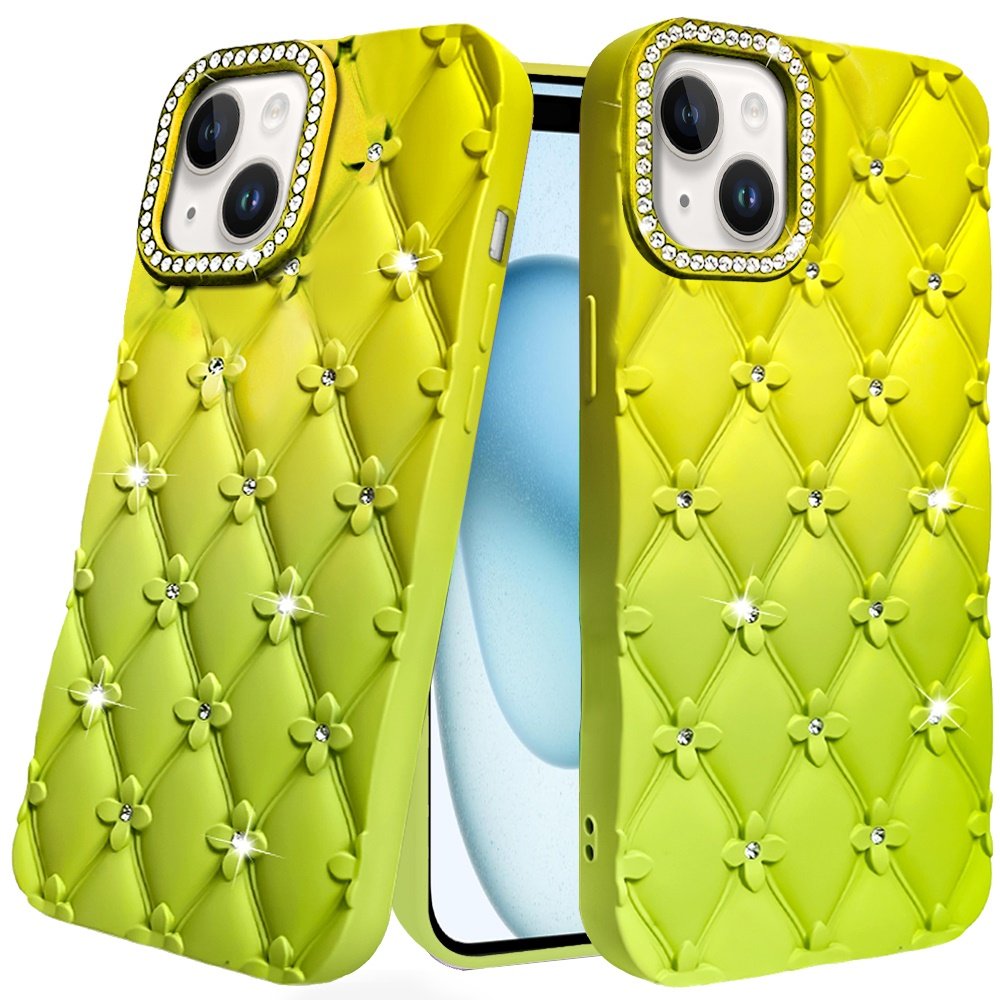for iphone 15 floral joy glitter shimmer leather feel thick tpu case yellow/green