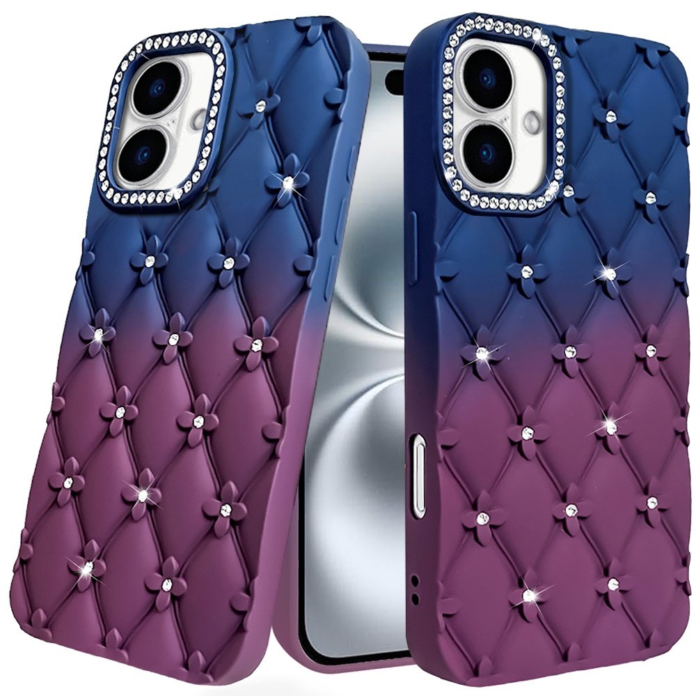 for iphone 15 floral joy glitter shimmer leather feel thick tpu case dark blue/burgundy