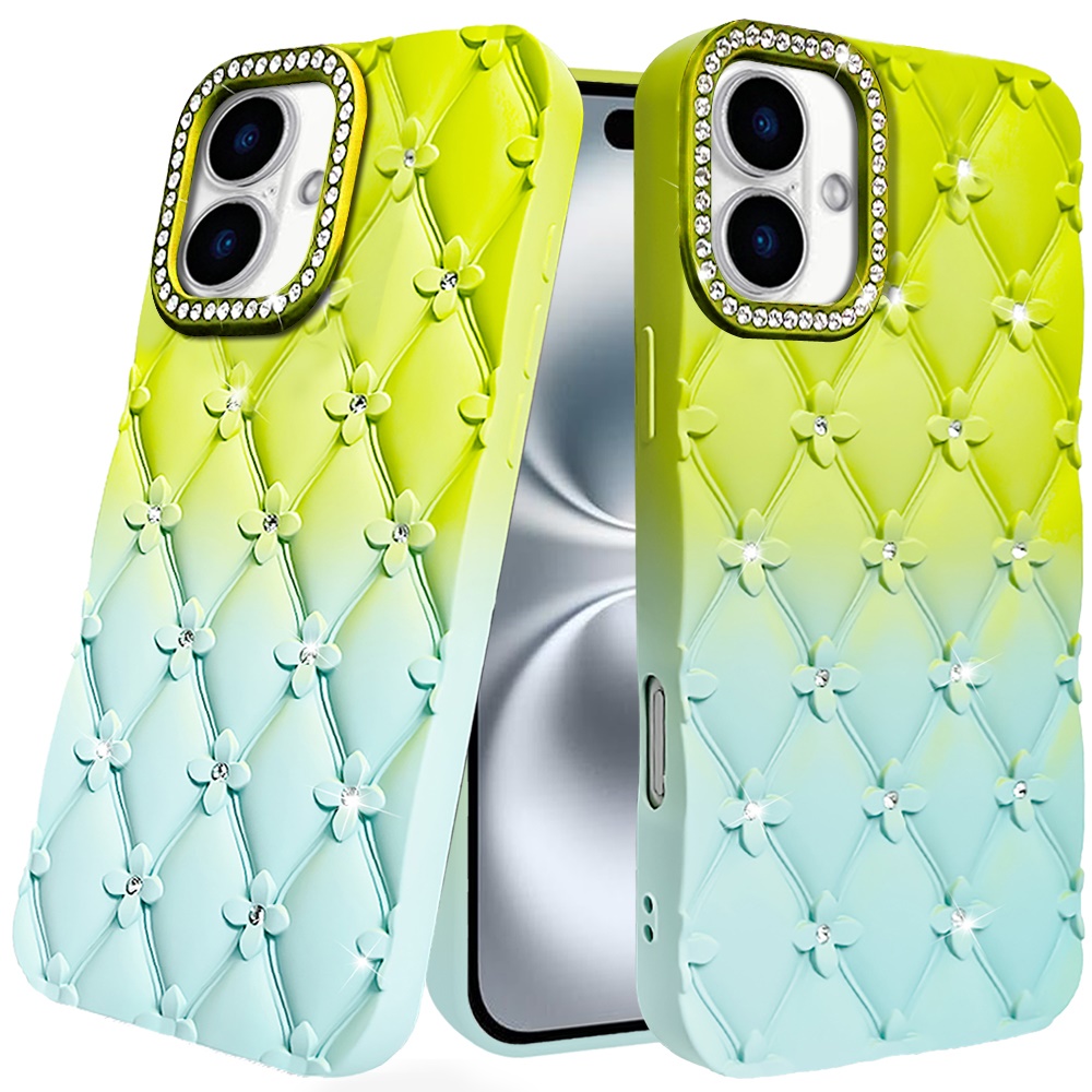 for iphone 16 6.1 inch floral joy glitter shimmer leather feel thick tpu case light green/teal