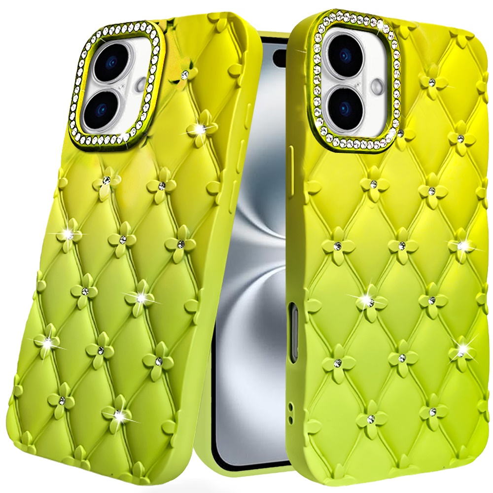 for iphone 16 6.1 inch floral joy glitter shimmer leather feel thick tpu case yellow/green