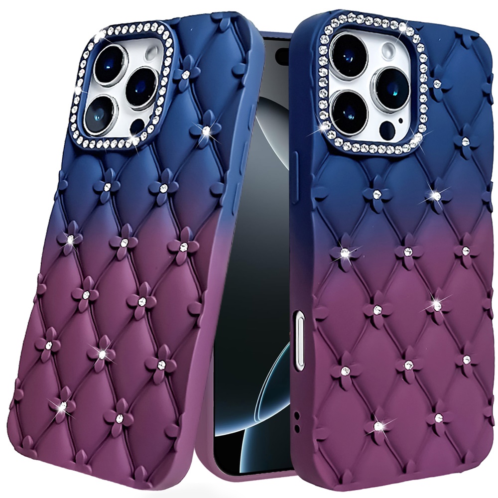 for iphone 16 6.1 inch floral joy glitter shimmer leather feel thick tpu case dark blue/burgundy