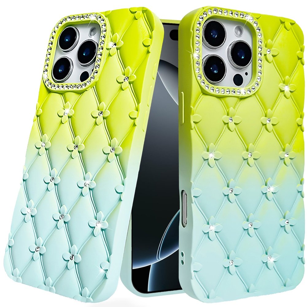 for iphone 16 pro 6.3 inch floral joy glitter shimmer leather feel thick tpu case light green/teal