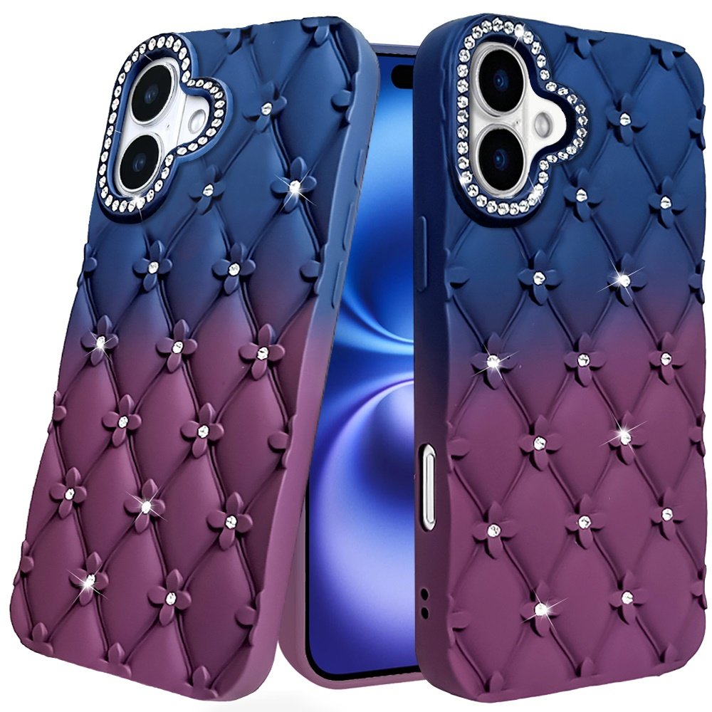 for iphone 17 floral joy glitter shimmer leather feel thick tpu case dark blue/burgundy