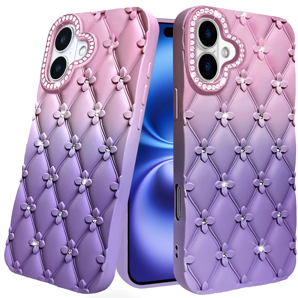 for iphone 17 floral joy glitter shimmer leather feel thick tpu case light pink/light purple
