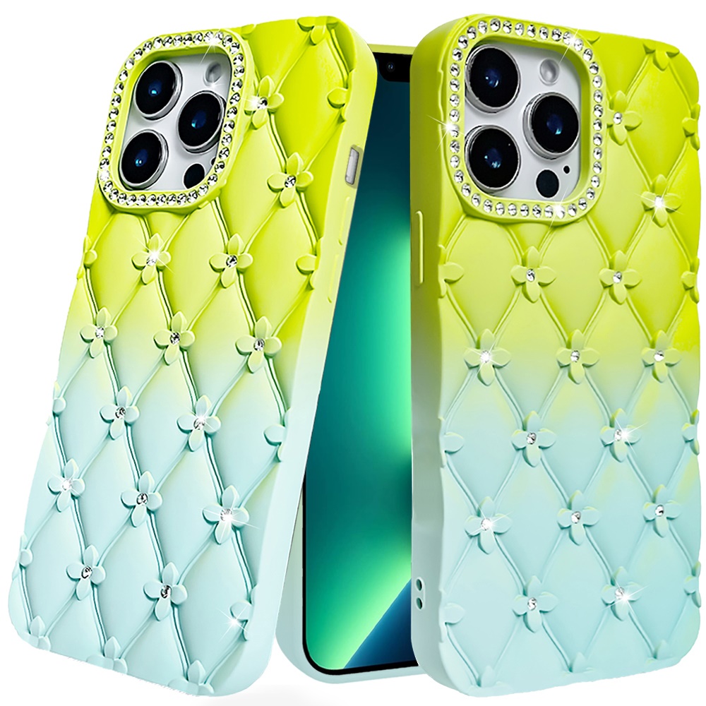 for iphone 13 pro max floral joy glitter shimmer leather feel thick tpu case light green/teal