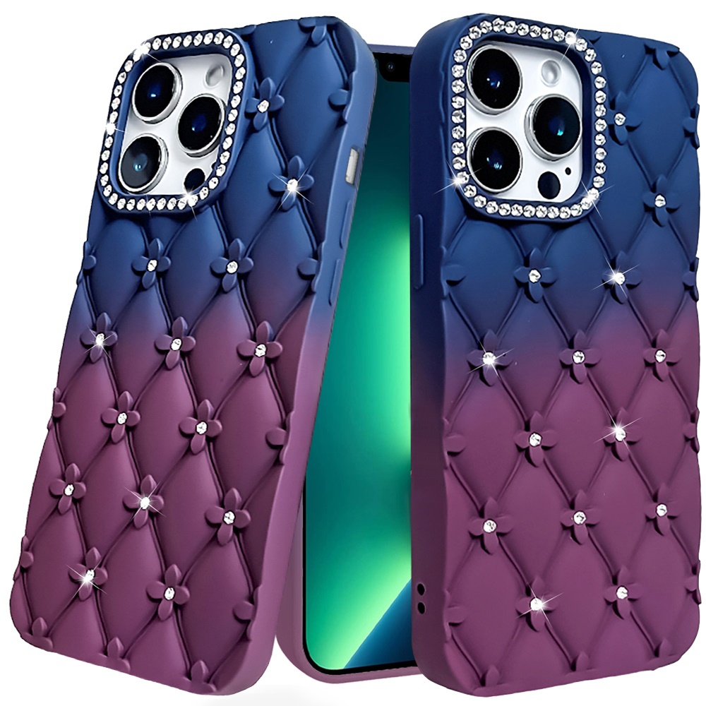 for iphone 13 pro floral joy glitter shimmer leather feel thick tpu case dark blue/burgundy
