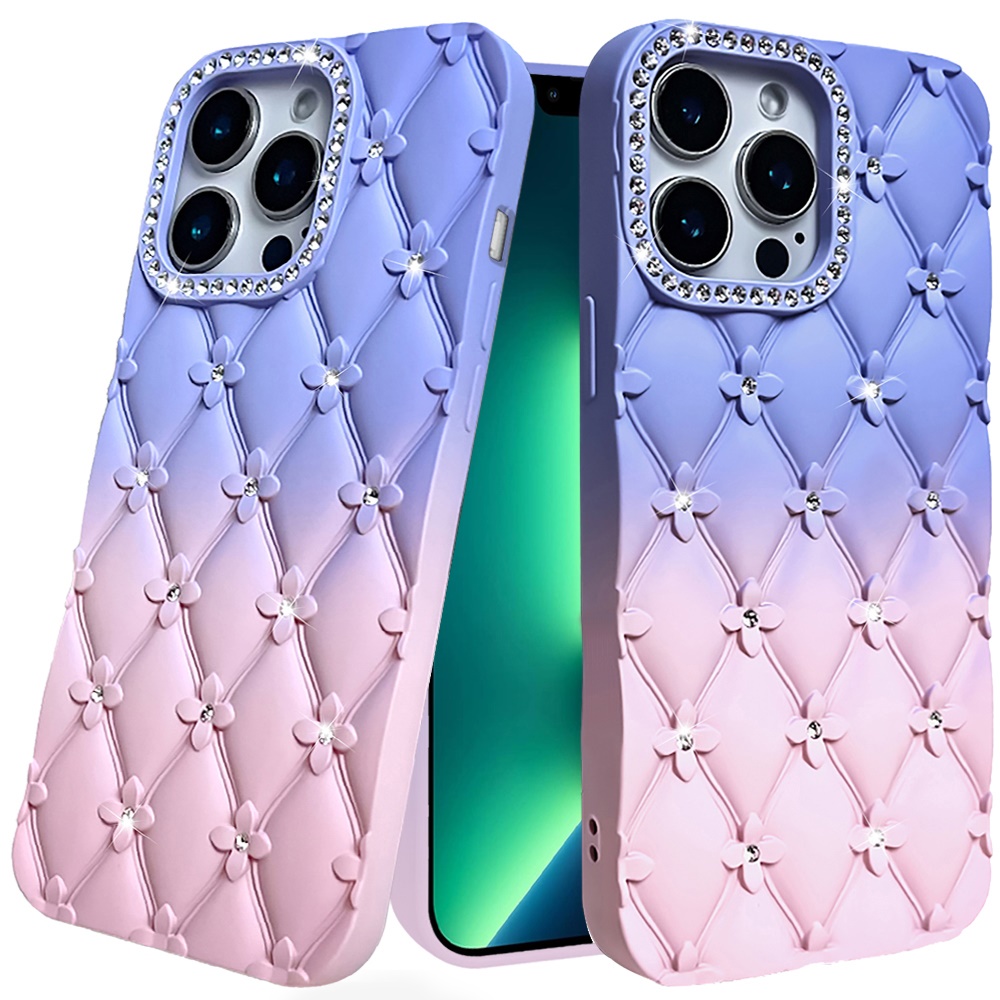 for iphone 13 pro floral joy glitter shimmer leather feel thick tpu case light blue/light pink
