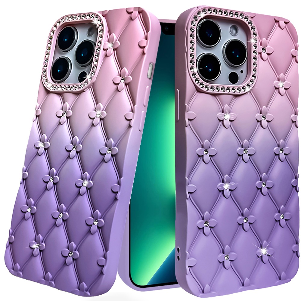 for iphone 13 pro floral joy glitter shimmer leather feel thick tpu case light pink/light purple