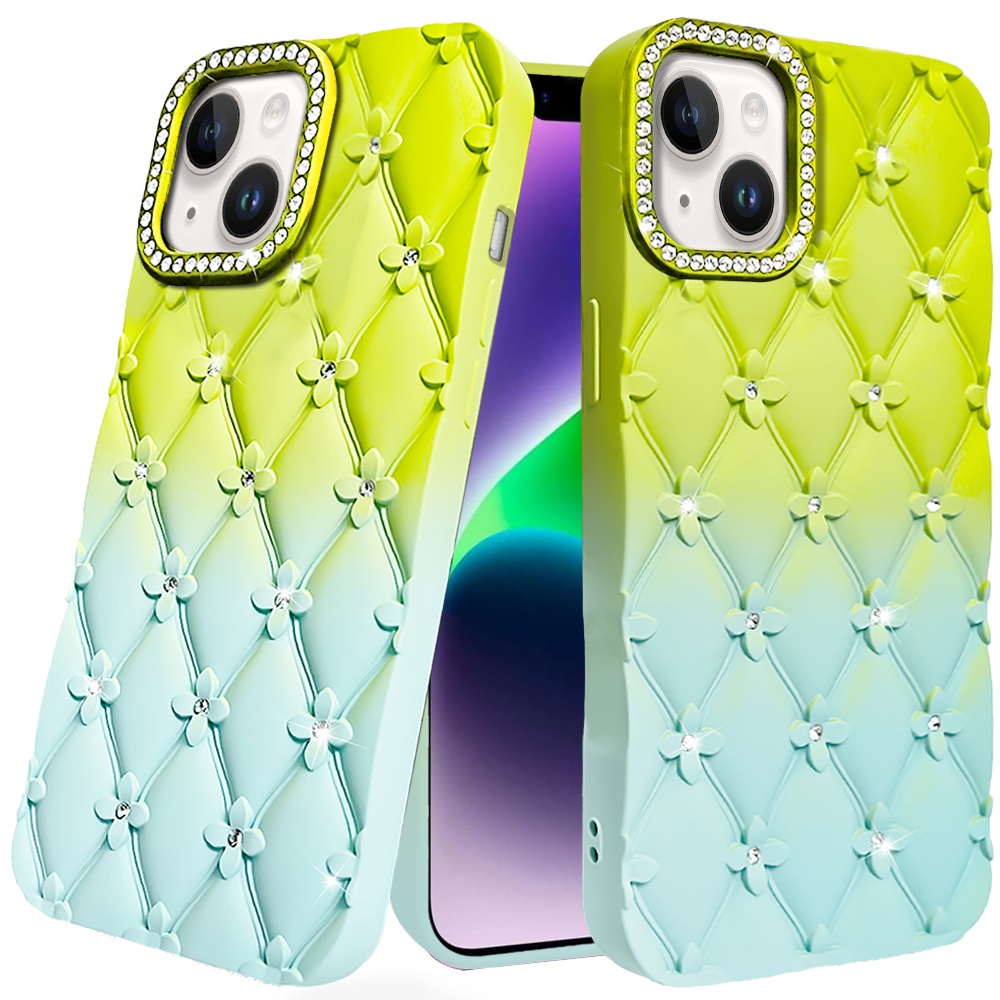 for iphone 13/14 floral joy glitter shimmer leather feel thick tpu case light green/teal