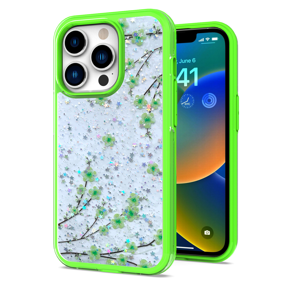 for apple iphone 14 pro 6.1" floral epoxy glitter colorful frame hybrid case cover c
