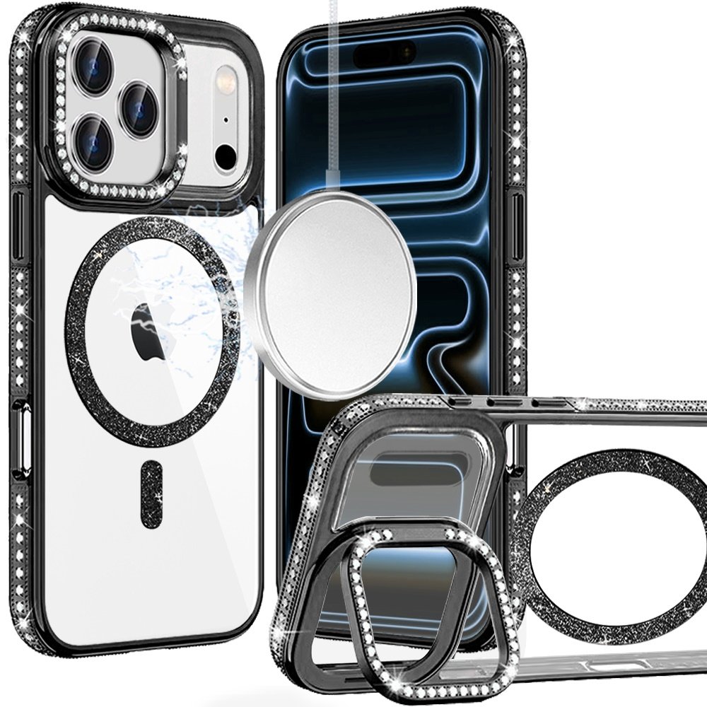 for iphone 17 pro max luxury diamond edged magnetic glitter circle hybrid with camera stand black