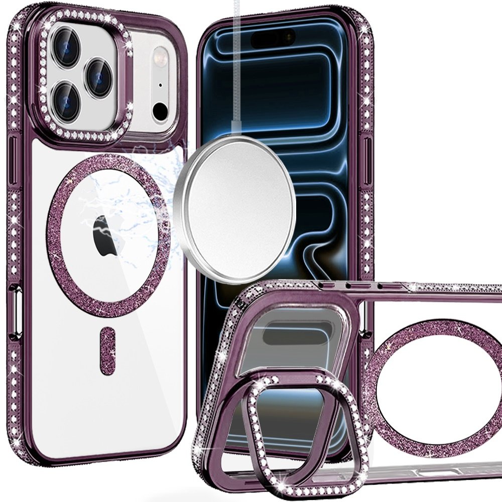 for iphone 17 pro max luxury diamond edged magnetic glitter circle hybrid with camera stand dark purple