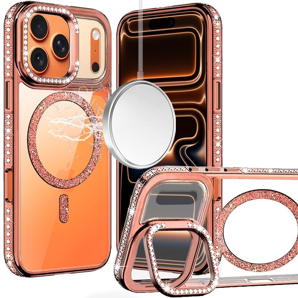 for iphone 17 pro max luxury diamond edged magnetic glitter circle hybrid with camera stand rose gold
