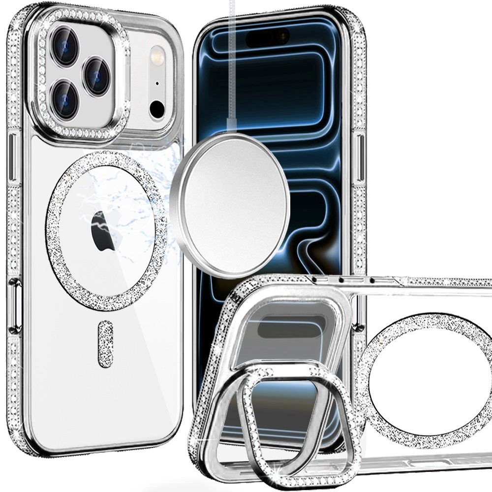for iphone 17 pro max luxury diamond edged magnetic glitter circle hybrid with camera stand silver