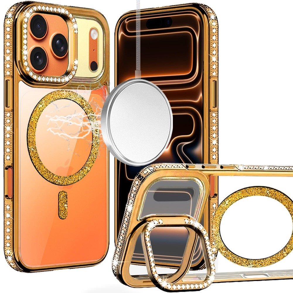for iphone 17 pro luxury diamond edged magnetic glitter circle hybrid with camera stand gold