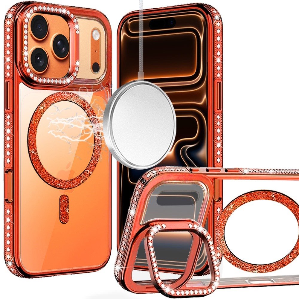 for iphone 17 pro luxury diamond edged magnetic glitter circle hybrid with camera stand orange