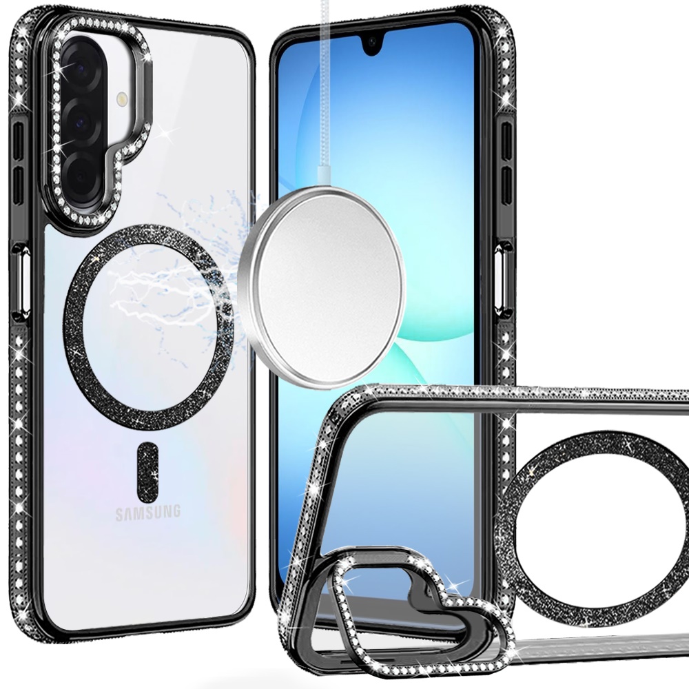 for samsung a17 5g luxury diamond edged magnetic glitter circle hybrid with camera stand black