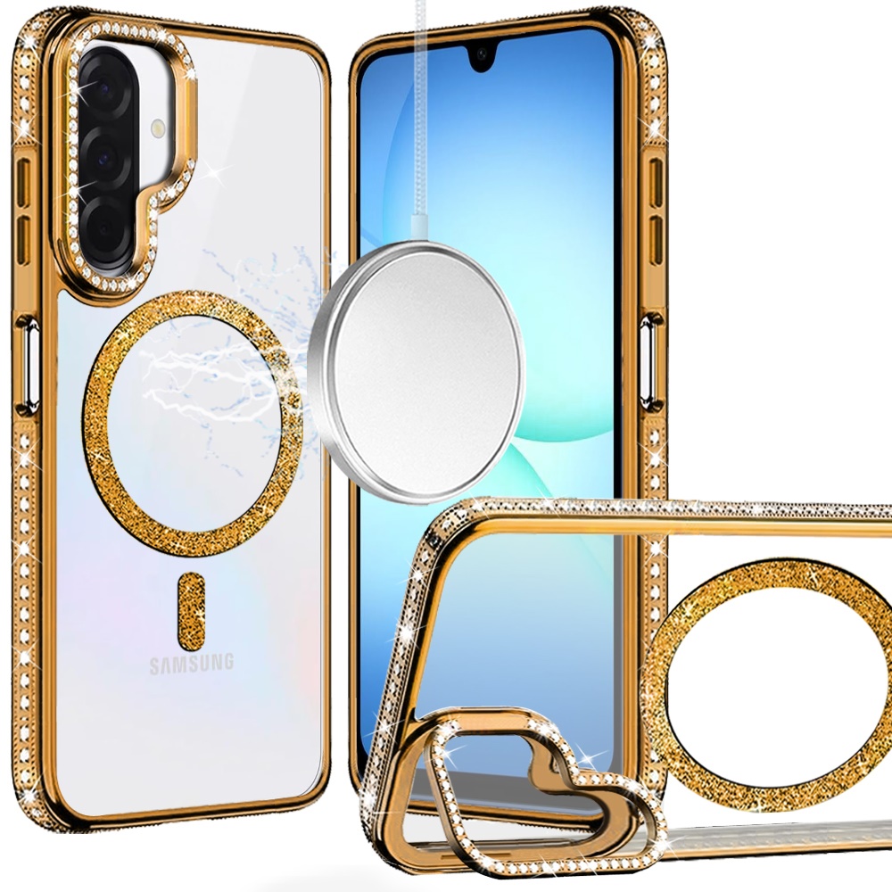 for samsung a17 5g luxury diamond edged magnetic glitter circle hybrid with camera stand gold