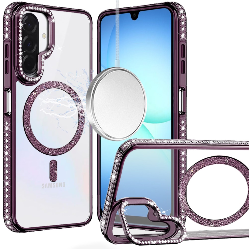for samsung a17 5g luxury diamond edged magnetic glitter circle hybrid with camera stand dark purple