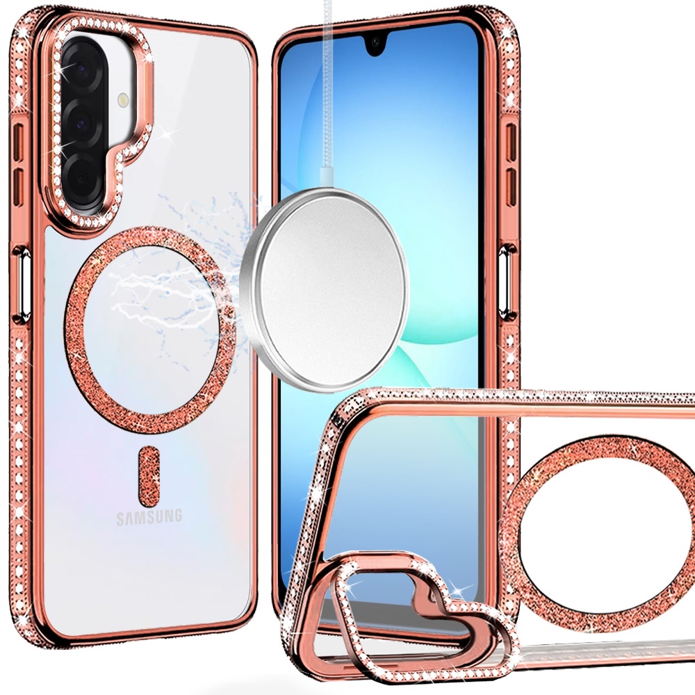 for samsung a17 5g luxury diamond edged magnetic glitter circle hybrid with camera stand rose gold