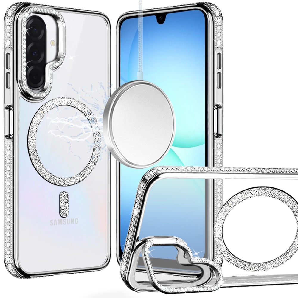 for samsung a17 5g luxury diamond edged magnetic glitter circle hybrid with camera stand silver
