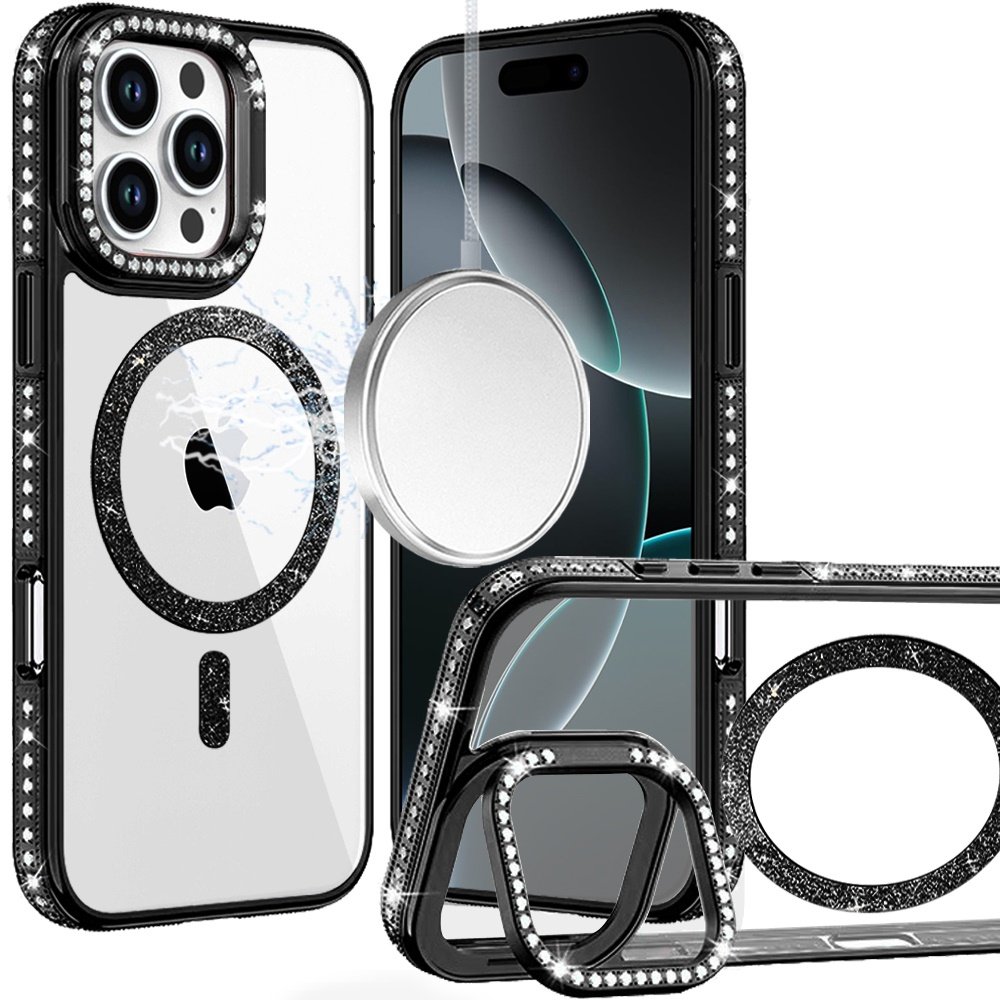 for iphone 16 pro max 6.9 luxury diamond edged magnetic glitter circle hybrid with camera stand black