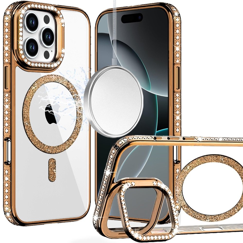for iphone 16 pro max 6.9 luxury diamond edged magnetic glitter circle hybrid with camera stand gold