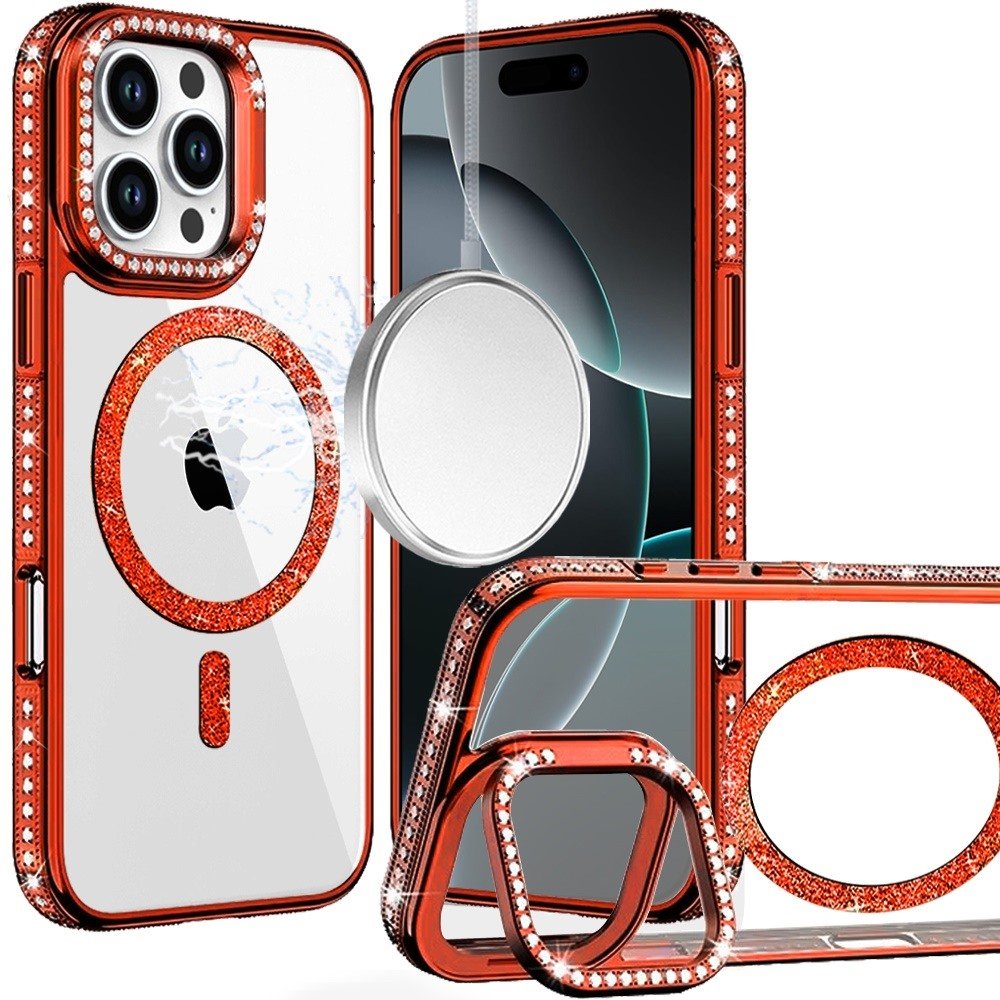 for iphone 16 pro max 6.9 luxury diamond edged magnetic glitter circle hybrid with camera stand orange