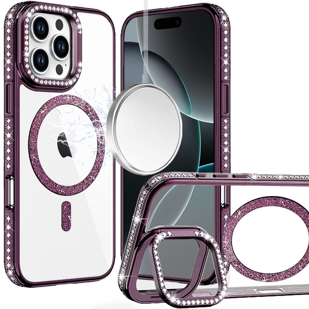 for iphone 16 pro max 6.9 luxury diamond edged magnetic glitter circle hybrid with camera stand dark purple