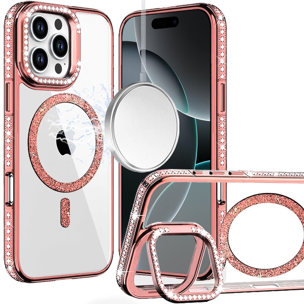 for iphone 16 pro max 6.9 luxury diamond edged magnetic glitter circle hybrid with camera stand rose gold