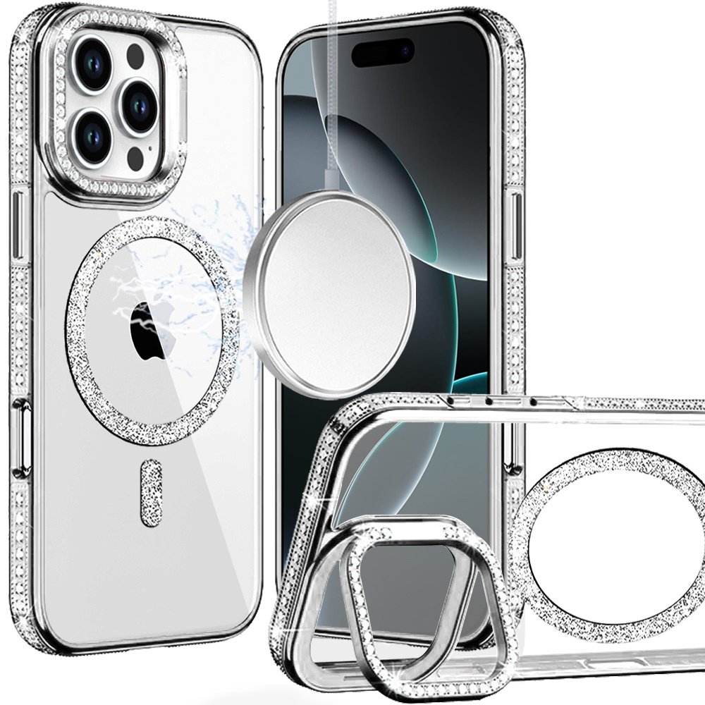 for iphone 16 pro max 6.9 luxury diamond edged magnetic glitter circle hybrid with camera stand silver