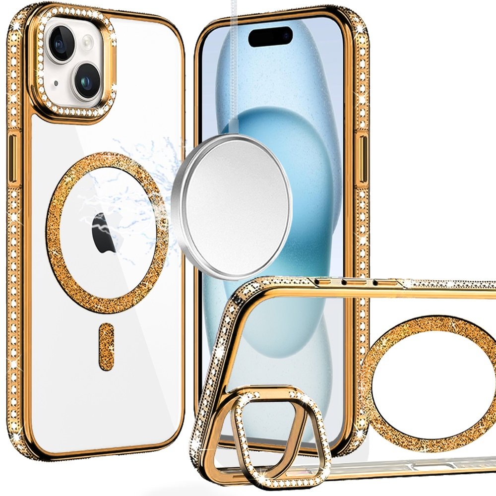for iphone 15 luxury diamond edged magnetic glitter circle hybrid with camera stand gold