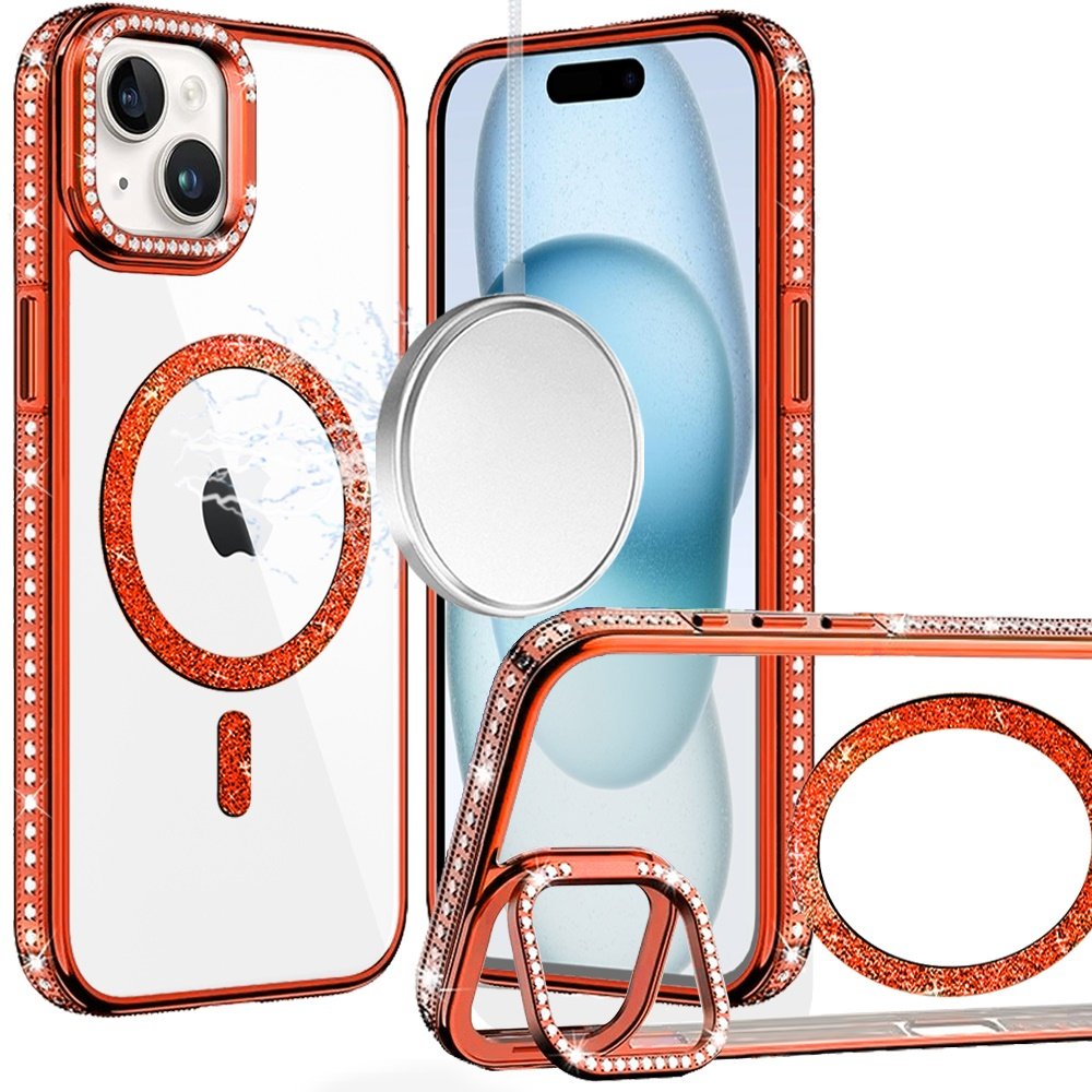 for iphone 15 luxury diamond edged magnetic glitter circle hybrid with camera stand orange
