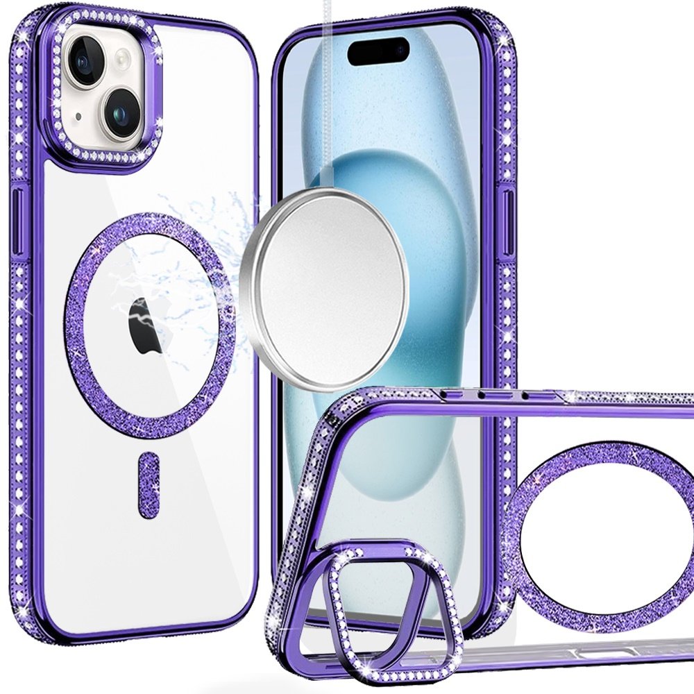 for iphone 15 luxury diamond edged magnetic glitter circle hybrid with camera stand dark purple