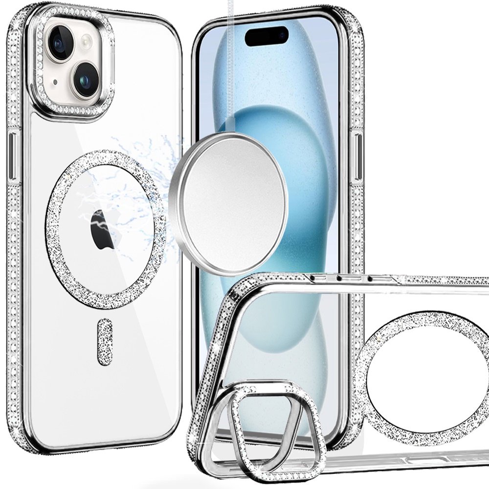 for iphone 15 luxury diamond edged magnetic glitter circle hybrid with camera stand silver