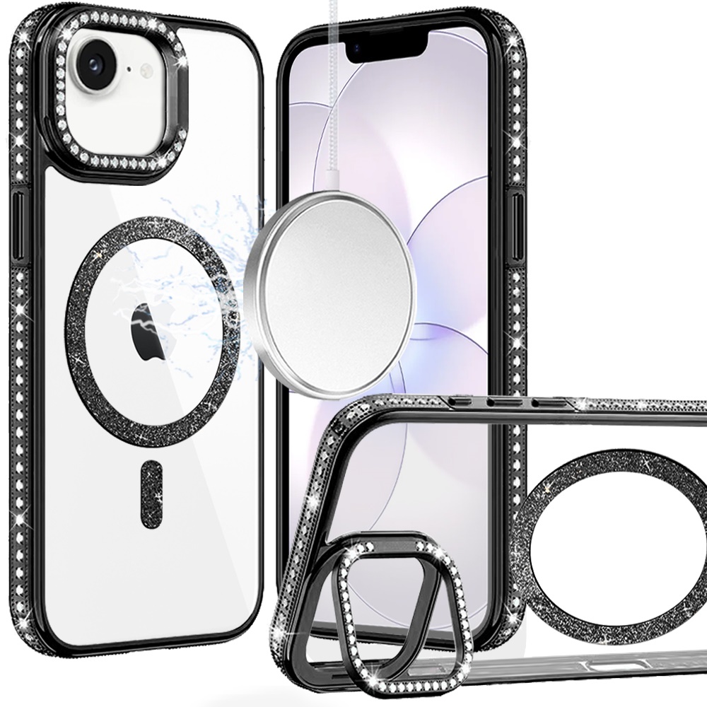for iphone 16e (e edition) / se4 (2025) luxury diamond edged magnetic glitter circle hybrid with camera stand black