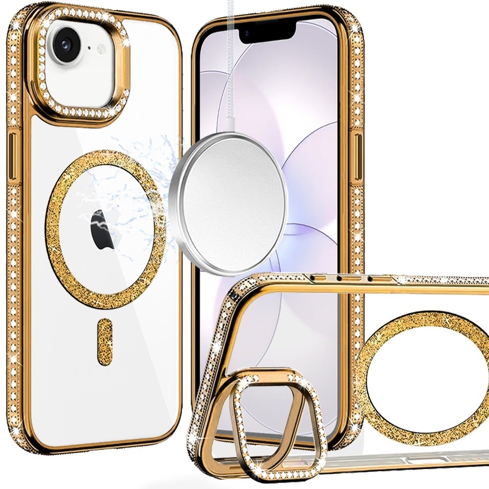 for iphone 16e (e edition) / se4 (2025) luxury diamond edged magnetic glitter circle hybrid with camera stand gold