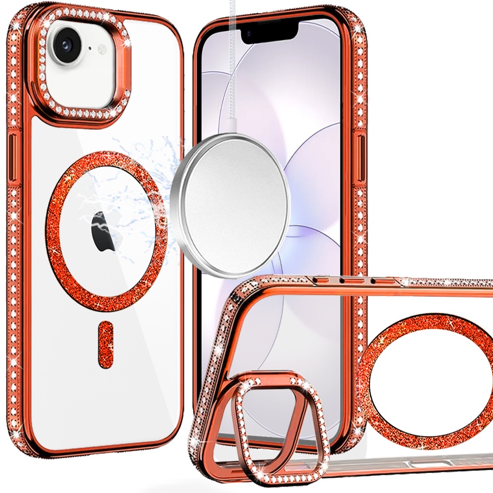 for iphone 16e (e edition) / se4 (2025) luxury diamond edged magnetic glitter circle hybrid with camera stand orange