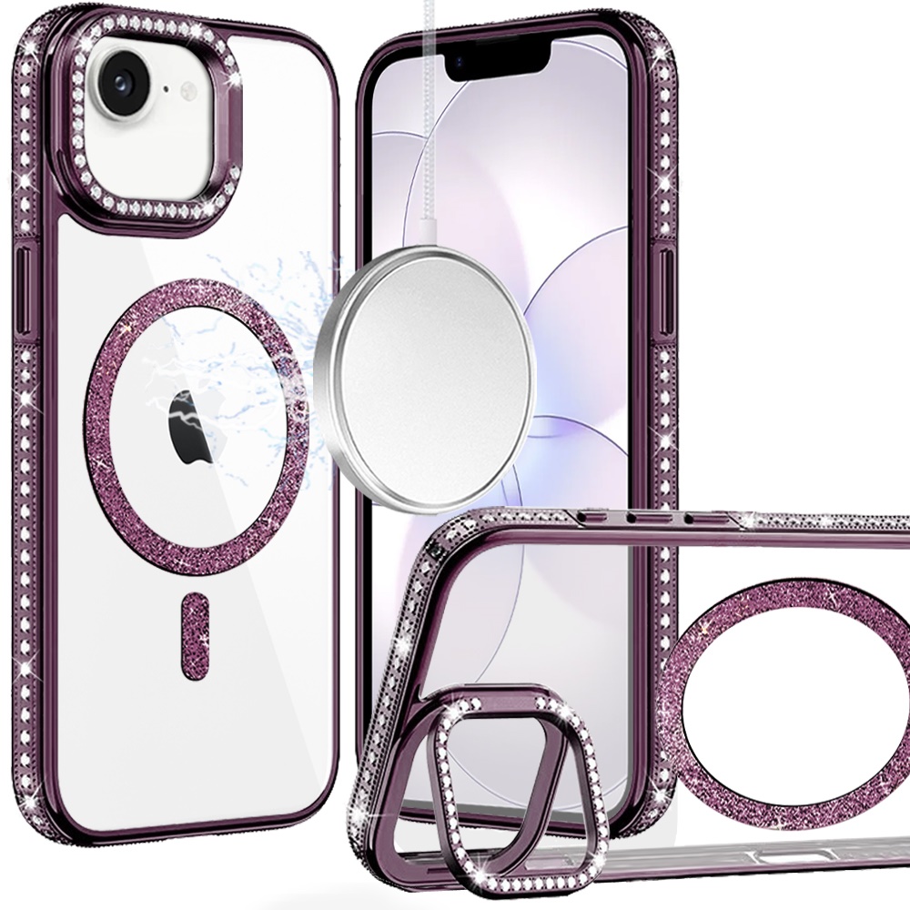 for iphone 16e (e edition) / se4 (2025) luxury diamond edged magnetic glitter circle hybrid with camera stand dark purple