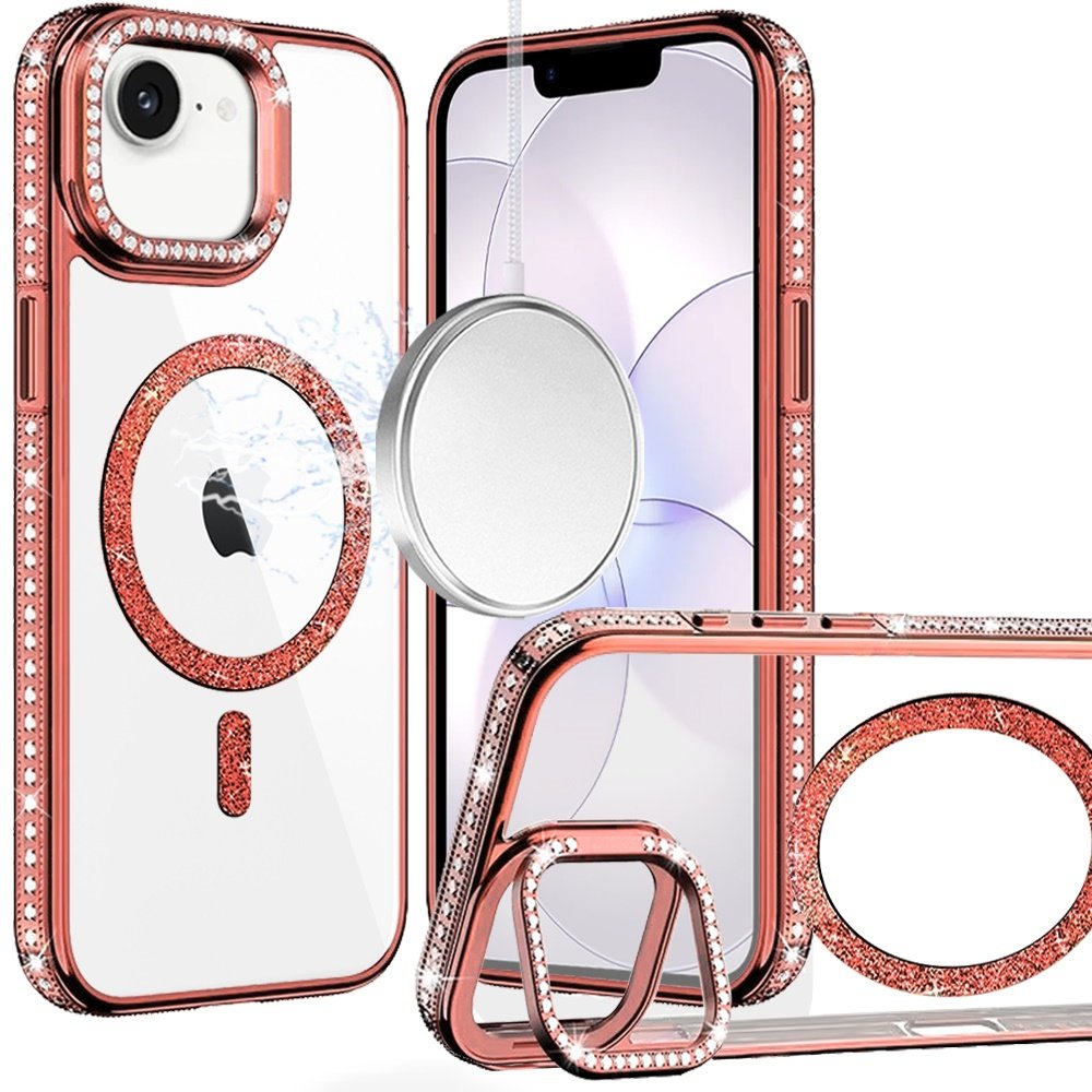 for iphone 16e (e edition) / se4 (2025) luxury diamond edged magnetic glitter circle hybrid with camera stand rose gold