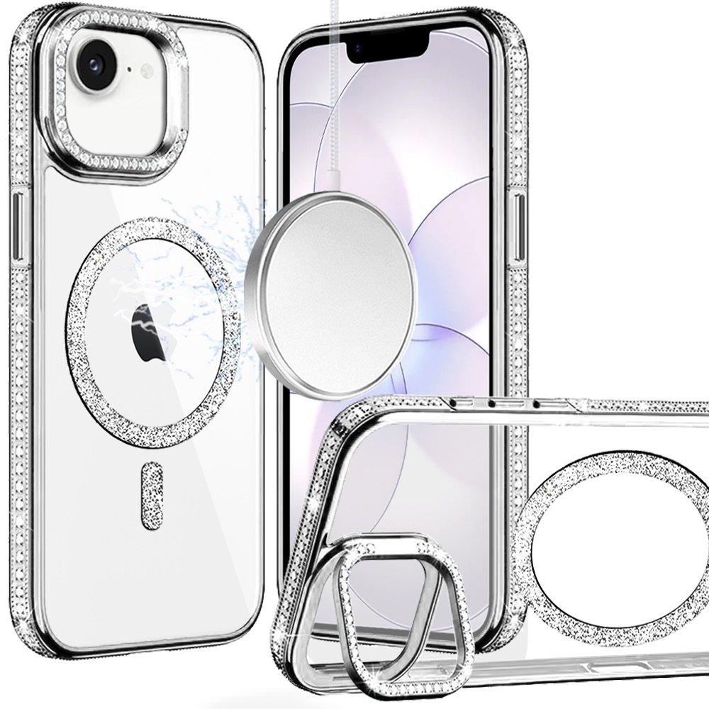for iphone 16e (e edition) / se4 (2025) luxury diamond edged magnetic glitter circle hybrid with camera stand silver